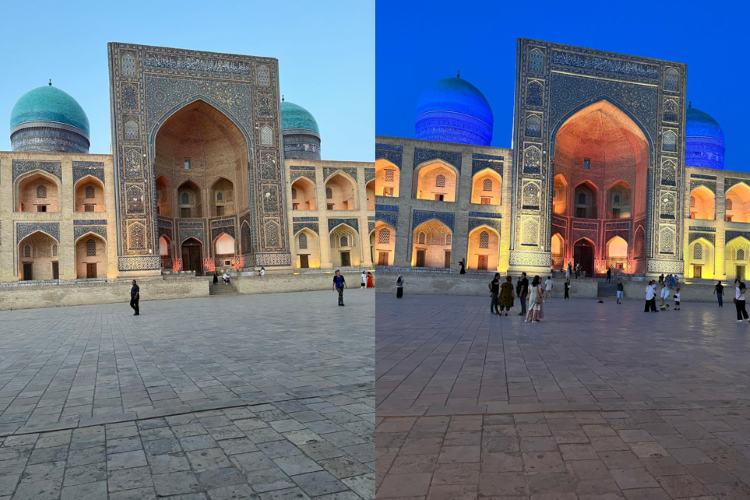 A view of the beautiful architecture of Uzbekistan, by day and by night.